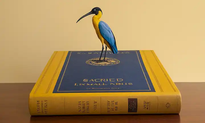 Libro con una cubierta azul y amarilla ornamentada que describe el ibis sagrado en literatura y arte, ambientado en un telón de fondo de los esfuerzos científicos de exploración y conservación.