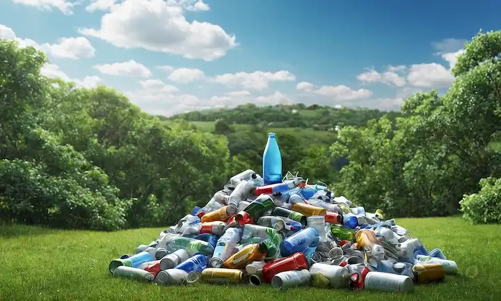 ilustración 3D de una botella de vidrio que se clasifica entre diferentes tipos de desechos, con materiales reciclables como latas y botellas de plástico en el fondo, rodeado de vegetación exuberante, un cielo azul con nubes blancas, y un símbolo de reciclaje incorporado en el diseño, con una textura sutil para parecerse a vidrio