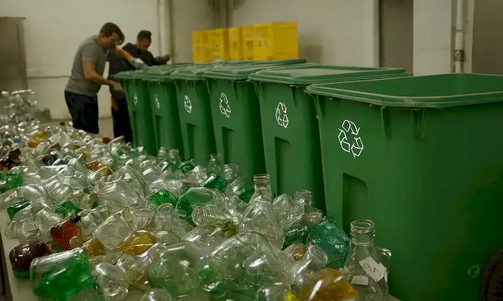 Contenedores de vidrio vacíos, contenedores de reciclaje, materiales de clasificación de personas, una Tierra verde, símbolos de reciclaje, fragmentos de vidrio destrozados, un disparo de cerca de diferentes tipos de cristalería, un entorno de fábrica con máquinas de procesamiento de vidrio, una mezcla de objetos de vidrio claro, marrón y de color, una persona que sostiene una botella de vidrio