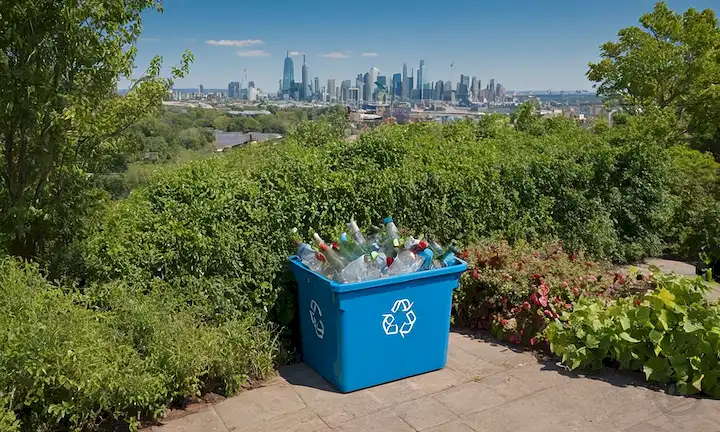 Un contenedor de reciclaje que rebosa con botellas de vidrio en varios colores, rodeado de plantas verdes y un cielo azul, con un paisaje urbano o fondo industrial, con personas de diferentes edades y fondos que recogen o clasifican el vidrio, posiblemente con un cinturón transportador o maquinaria en la distancia, mostrando un esfuerzo colaborativo para reciclar