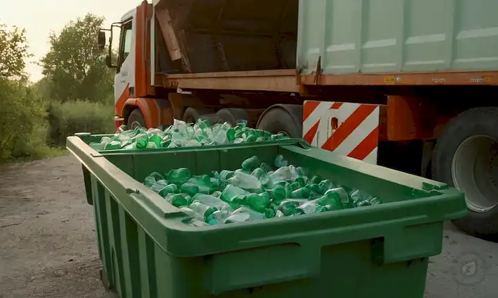 Contenedores de vidrio triturados, un camión de reciclaje o contenedor con tapa verde, material de vidrio reciclable que se está procesando, una fábrica o instalación para procesar y convertir vidrio de residuos en nuevos productos, una persona que sostiene o clasifica botellas de vidrio/jars, un paisaje con residuos mínimos y abundante vegetación