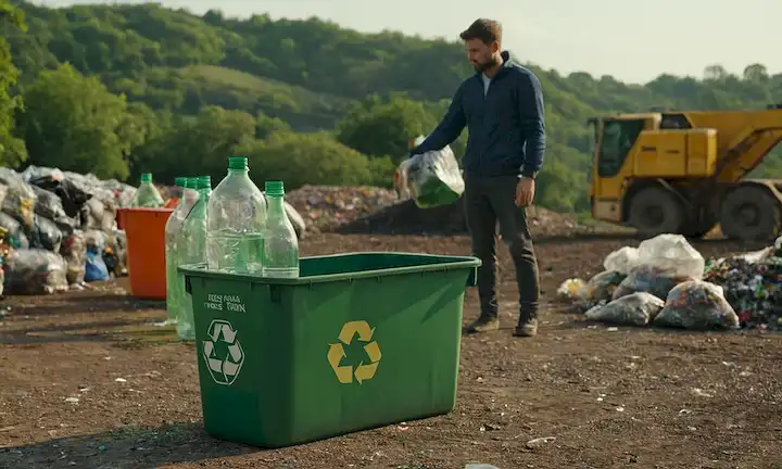 fragmentos de vidrio triturado, símbolos de reciclaje, contenedores ecológicos, una persona que sostiene una botella de vidrio, clasificando los contenedores con diferentes colores, una Tierra verde de lejos, una fábrica o planta en el fondo, posiblemente alguna maquinaria de reciclaje