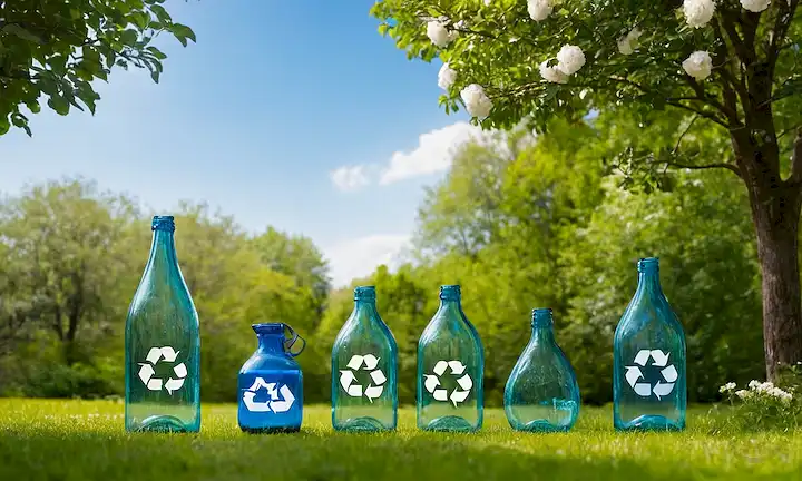 Un símbolo de reciclaje hecho de vidrio reciclado en un entorno verde natural con árboles, flores y un cielo azul, rodeado de unos cuantos recipientes y botellas de vidrio reciclables, que transmiten la importancia de reciclar vidrio para un futuro sostenible, con un toque sutil de circularidad y econocidad