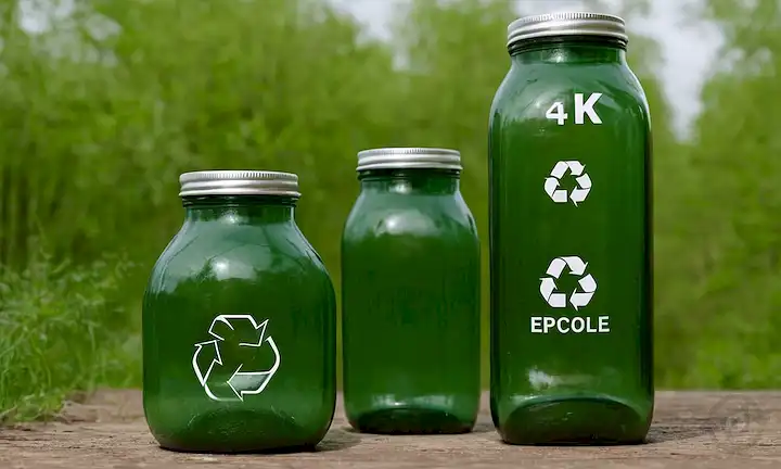 frascos o botellas de vidrio reciclables en varios tamaños, contenedores de reciclaje con un esquema de color verde, un sistema de cierre cerrado, ciclos interconectados, un globo con un símbolo de reciclaje superposición, elementos de naturaleza y vida silvestre mezclados en el diseño