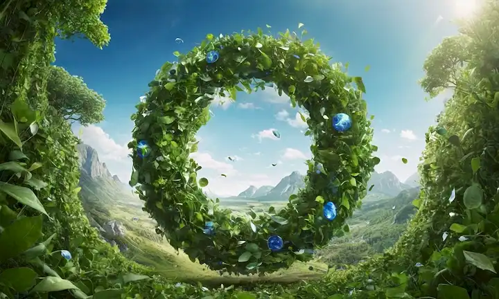 fragmentos de vidrio 2D, vórtice giratoria, símbolo de reciclaje, tierra ecológica, vegetación, hojas, materiales reciclables, armonía naturalezas, ciclo sost<center><img decoding=