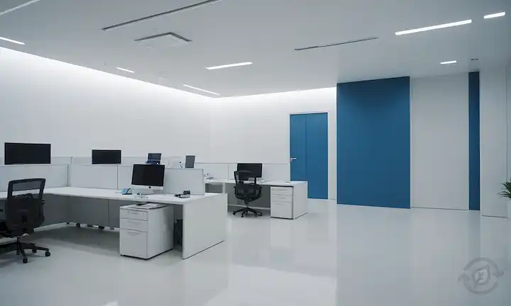 espacio de oficina, corredor frío, luces energéticamente eficientes, sensores, computadoras, trabajadores, decoración minimalista, fondo industrial, esquema de color azul y blanco, arquitectura moderna