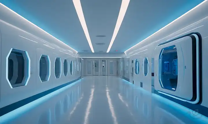 corredores fríos, máquinas elegantes, luces LED brillantes, diseño minimalista, ambiente estéril, tono futurista, formas abstractas, vibración industrial, equipos de alta tecnología, tonos azules y blancos, un sentido de eficiencia, instrumentos de precisión