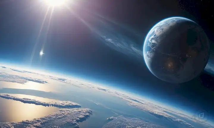 Tierra, cielo azul, luz solar, satélite en órbita, nubes estratosféricas, capa atmosférica, aumento de gases, escudo protector, planeta preservado, ilustración de capa de ozono