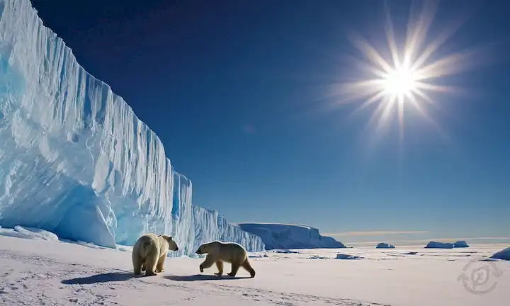 1970s-era Científicos de la NASA, órbitas satélites de la Tierra, Estante de hielo antártico, silueta de oso polar, ilustración de capa de ozono, cielo azul con sol, globo con capas atmosféricas