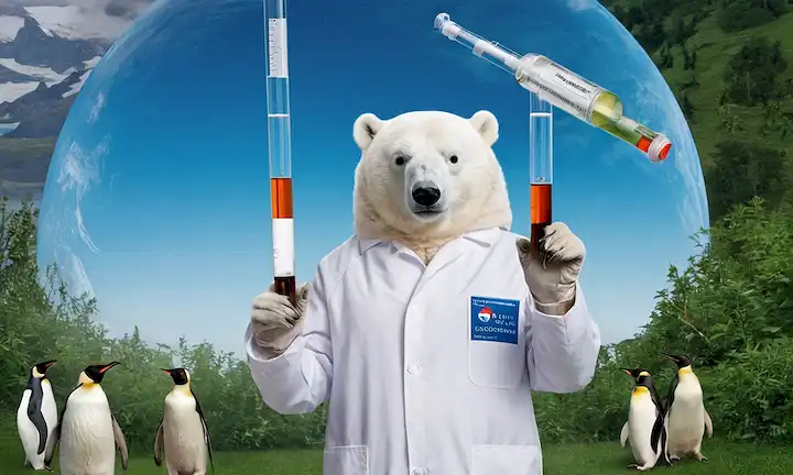 Tierra de estilo 1980 desde el espacio con capa de ozono adelgazamiento, Antártida con nubes de CFC destructoras del ozono, científica en tubo de ensayo de retención de capas de laboratorio, oso polar y pingüinos de pie juntos bajo el cielo azul, globo rodeado de vegetación y fauna, manos encadenadas en un gesto simbólico de la Tierra