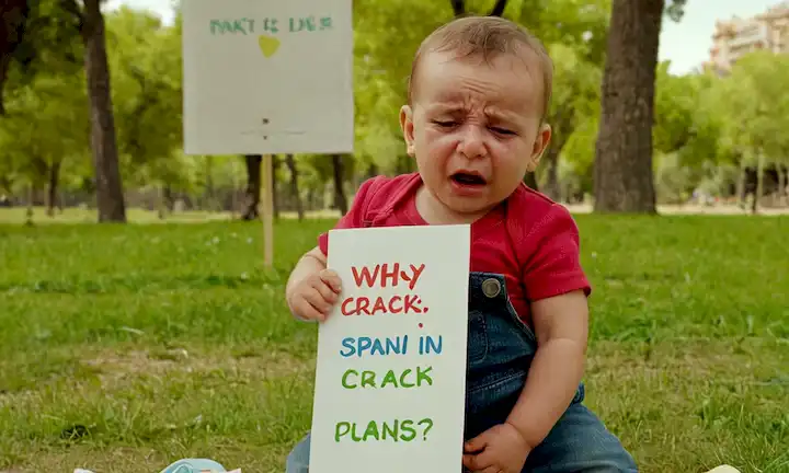 Mantiene a un bebé llorando en un parque con una señal al lado de la lectura, Baby Crack en España: ¿Por qué los bebés no salen y qué está mal con los planes? (en español).