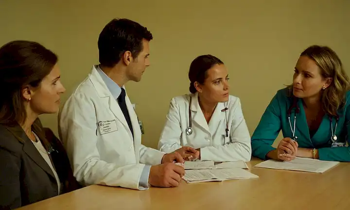 Un grupo de profesionales de la salud discutiendo y analizando datos sobre Baby Crack, un programa diseñado para fomentar el parto en España. El enfoque va más allá de los incentivos económicos del programa y destaca posibles cuestiones relacionadas con los nacimientos.