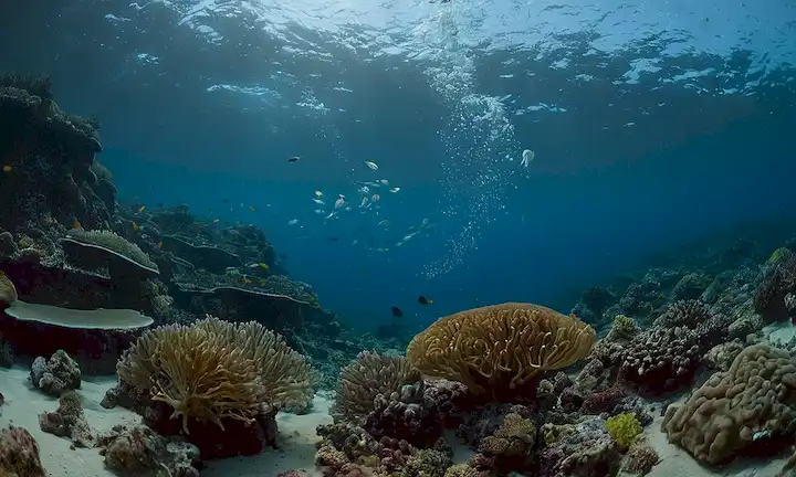 Cuevas chocando contra una orilla, arrecifes de coral teemiendo con peces, corrientes oceánicas girando bajo la superficie, escuelas de medusas que se arrastran a través del agua, criaturas de aguas profundas iluminadas en la oscuridad, montañas submarinas que se elevan del fondo marino