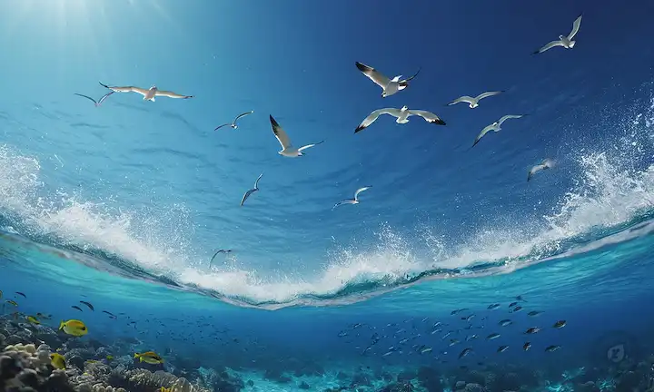 Olas oceánicas azules, vida marina diversa, arrecifes de coral, suelos marinos iluminados por el sol, escuelas de peces que nadan juntos, gaviotas que se elevan sobre la cabeza, corrientes oceánicas girando, gradiente de profundidad oceánica, gotas de agua que se forman sobre la superficie, pulverización marina que se eleva al aire
