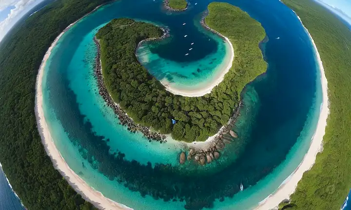 globo 3D con oleajes azules y verdes, olas que chocan contra la playa, arrecifes de coral con peces, sol brillando, tortugas marinas nadando, algas marinas balanceándose en corriente, corrientes oceánicas girando bajo superficie