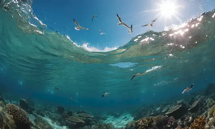 globo 3D con corrientes oceánicas, natación de peces, arrecifes de coral, gaviotas volando, olas chocando, escenas de playa, gente disfrutando de actividades de agua, formas de vida submarina