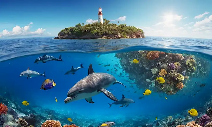 3D Tierra desde el espacio con vasto océano azul en el fondo, diversa vida marina nadando cerca de las costas, arrecifes de coral teemiendo con peces coloridos, escuela de delfines saltando fuera del agua, tortugas marinas deslizando a través de olas, faro o naufragio en la distancia, niebla del océano subiendo al aire