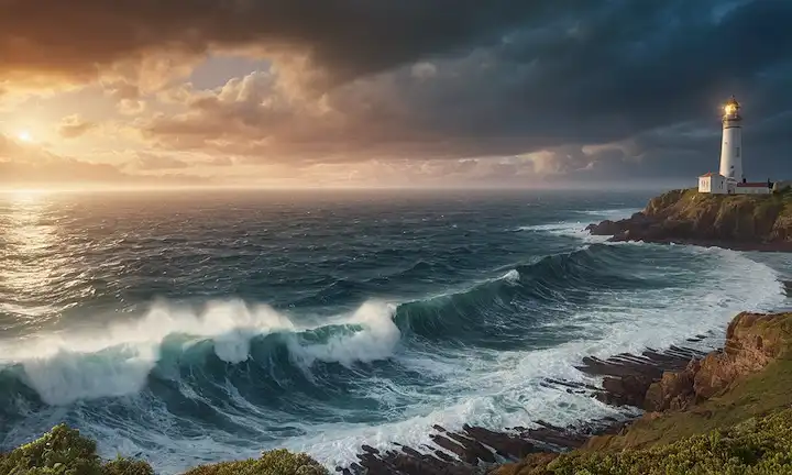 planeta azul 3D, olas que chocan contra costa, criaturas oceánicas nadando, arrecifes de coral prosperando, escuelas de peces atrevidos, balanceo de algas, luz brillante, atmósfera de mal gusto, nubes de tormenta reuniéndose, pulverización de mar, puesta del sol, estrellas que brillan