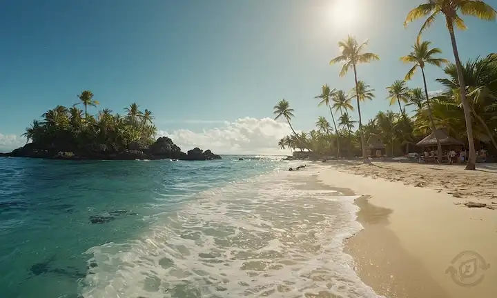 3D Tierra con corrientes oceánicas, arrecifes de coral, escuelas de peces, tortugas marinas nadando, luz del sol brillando a través de olas, una playa con palmeras y figuras humanas, fondo sutil afeitado para transmitir profundidad