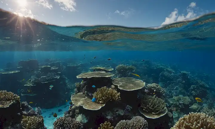 Planeta azul con olas chocando, natación de peces, arrecifes de coral floreciendo, sol brillando, criaturas marinas jugando, corrientes oceánicas girando, islas subiendo de las profundidades, y un sentido de serenidad que rodea las vastas aguas azules