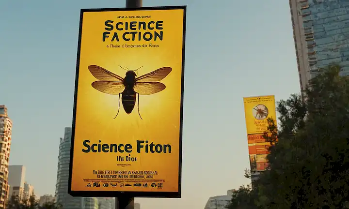 Post de la lámpara y carteles publicitarios de las películas de ciencia ficción. La frase es en español, traduciendo a La luz: ¿Un signo para acceder al acoplamiento? De atracción fatal: ¿Por qué los insectos apuntan hacia la luz? en inglés, que se traduce a la luz: ¿una señal de conexión? De atracción fatal: ¿Por qué los insectos vuelan hacia la luz?