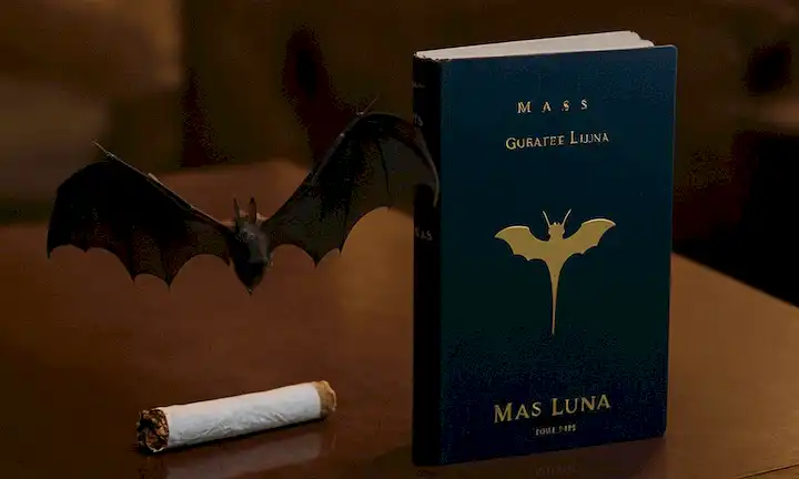 Iluminar un cigarrillo con el logo Más que Luna exhibido prominentemente. La cubierta del libro cuenta con una imagen de un murciélago, sugiriendo el enfoque en el vuelo de insectos. El título alude a dos preguntas populares de ciencia ficción: ¿Cómo afecta la iluminación artificial el comportamiento animal? y ¿Han aprendido insectos sobre la gravedad?.