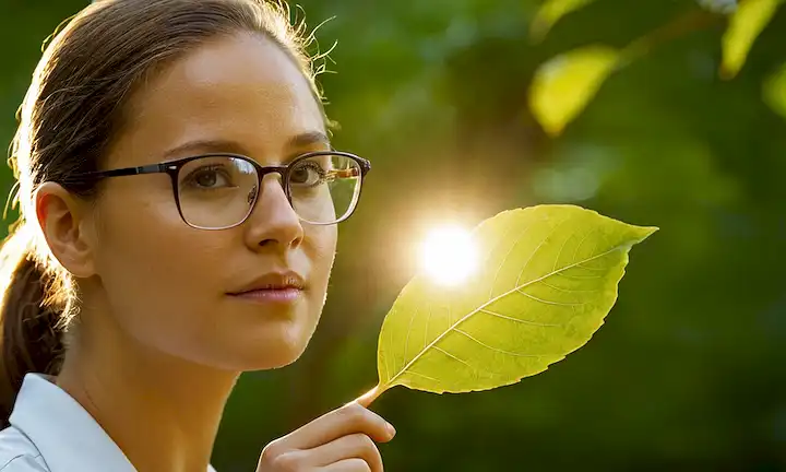 Científico o entusiasta de la naturaleza usando gafas examinando una hoja y apuntando hacia el sol. Luz que brilla por detrás del tema. El texto implica conciencia ambiental y investigación científica sobre por qué los insectos se orientan hacia la luz en escenas naturales.