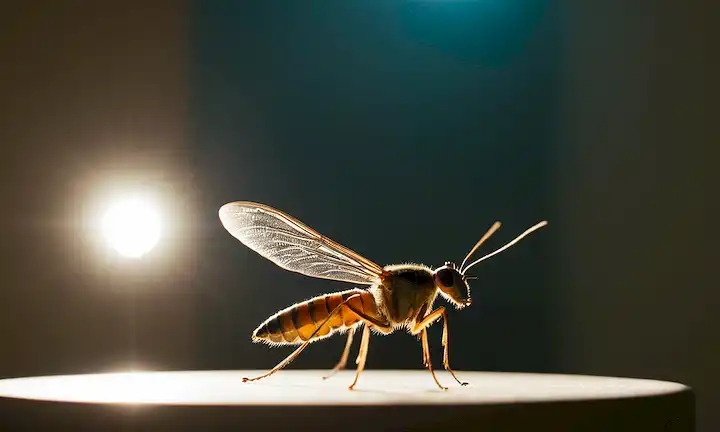 Una sala iluminada con un reflector que brilla sobre un espécimen de insectos que huye alrededor de la fuente de luz en el asombro.