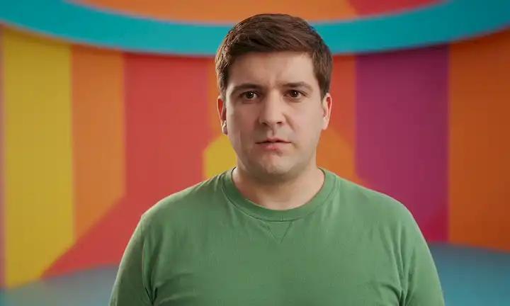 Una persona con síndrome de Tourettes se encuentra con confianza delante de fondo colorido.
