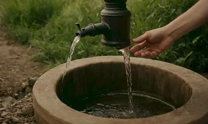 Una persona que sostiene una botella abierta cerca de una cisterna con agua fluyendo hacia fuera, lo que ilustra la desventaja de un hack viral que ahorra agua.
