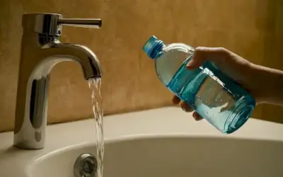 Una persona que sostiene una botella de agua bajo los fregaderos cisterna con agua desbordante mostrada.