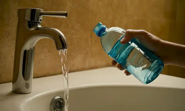 Una persona que sostiene una botella de agua bajo los fregaderos cisterna con agua desbordante mostrada.