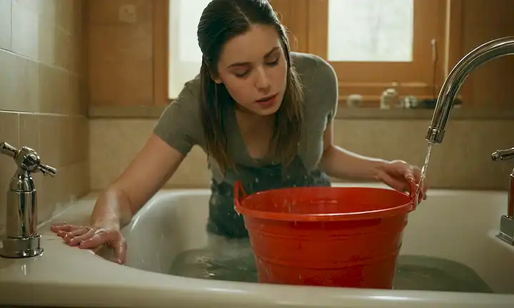Una mujer que sostiene un cubo y una válvula frente a un lavabo o una bañera con conceptos de ahorro de agua que la rodean.