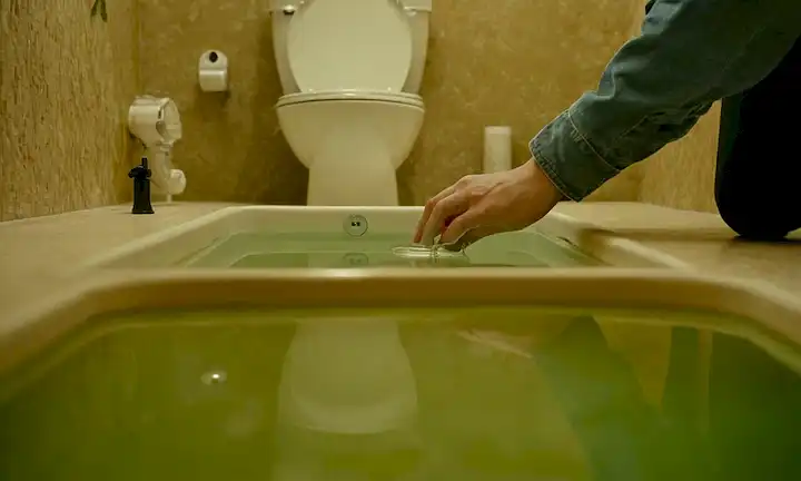 Una persona que controla el nivel de agua en un tanque con un inodoro y un lavabo en el fondo.