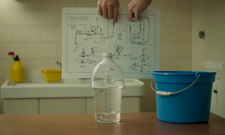 Una persona que sostiene una botella de agua boca abajo con un cubo y diagramas de plomería en el fondo, ilustrando el hack viral que ahorra agua.