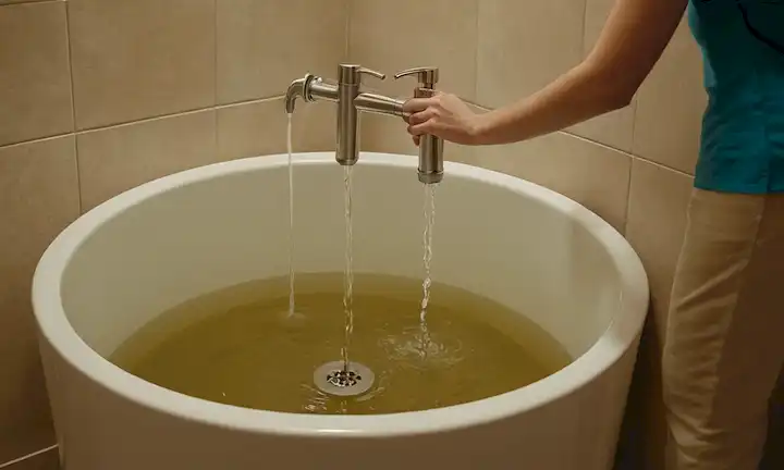 Persona llenando la cisterna de agua en casa, rodeada de un chorro de dispositivos ecológicos.