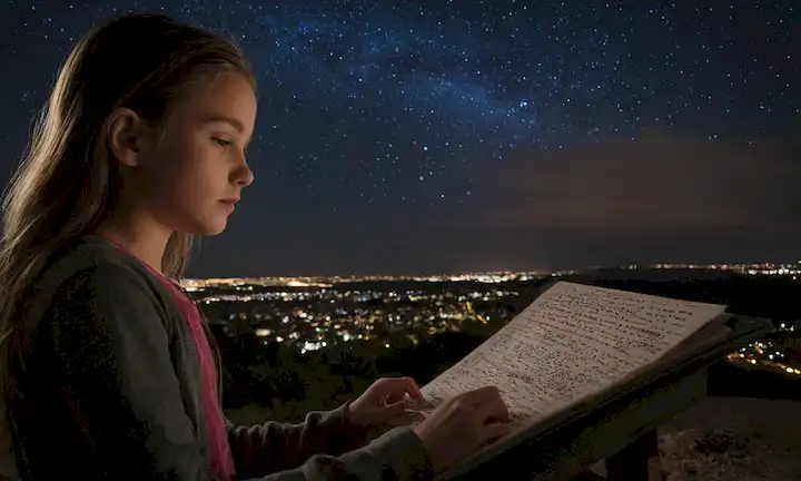 Una joven que estudia un cielo nocturno lleno de estrellas y una contaminación luminosa, acompañada de palabras inspiradoras. (Traducción: Un futuro más brillante: esperanza y acción de la Contaminación de la Luz: el cielo nocturno se oscurece, las estrellas desaparecen.)