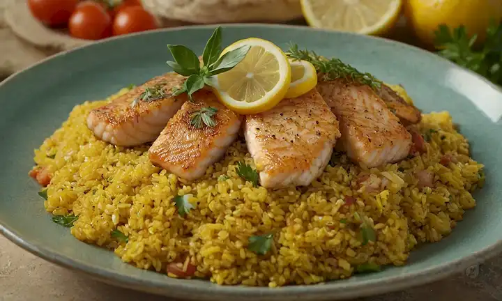 Plato de mariscos inspirado en el Mediterráneo, bulgur dorado, pez deslumbrante, hierbas aromáticas, rodajas cítricas, gota de aceite de oliva, cerámica rústica, luz solar cálida y un toque de cultura española
