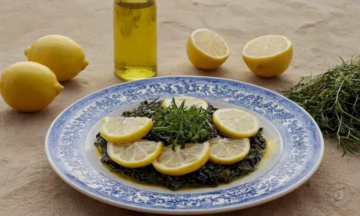 Caballa curada de color dorado en una cama de algas, rodeada de limones y hierbas cortadas, con un chorro de rico aceite de oliva virgen extra (AOVE) de Castillo de Canena, situado en un cálido fondo inspirado en el Mediterráneo, con cerámica azul y blanco<center><img decoding=