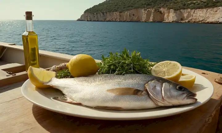 costa mediterránea, luz solar filtrando a través de olas, redes de pescadores colgando de barco, botella de aceite de oliva (AOVE) prominentemente exhibida, placa de bajo de mar curado con limón y hierbas en primer plano, exuberante vegetación en fondo, caliente y acogedor paleta de colores
