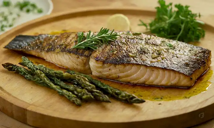 Pescado mediterráneo acolchado o sellado, posiblemente bajo de mar, con cábala curada, hierbas verdes vibrantes, gota de aceite de oliva dorado, tabla de corte rústico de madera o placa, iluminación suave y cálida, y un toque de arquitectura andaluza en el fondo