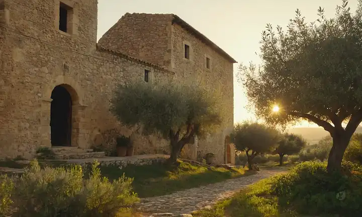Paisaje mediterráneo, olivos, paredes de piedra, granja rústica, barriles de aceitunas, luz dorada cálida, vegetación exuberante, ruinas de castillos antiguos, aromas sutiles de hierbas y cítricos, puertas de madera rústicas, un toque de brisa marina
