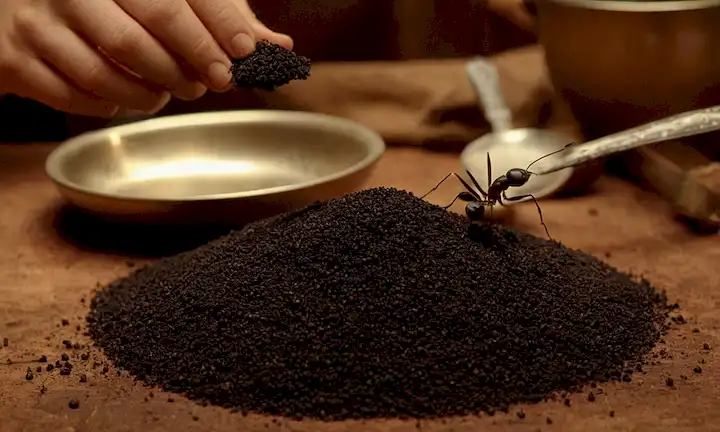Una persona que sostiene un polvo negro misterioso con hormigas huyendo en el fondo, rodeado de texturas y utensilios hogareños.