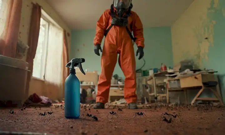 Una persona que llevaba engranaje protector sosteniendo una botella de aerosol y de pie delante de una sala desordenada con hormigas arrastrando.