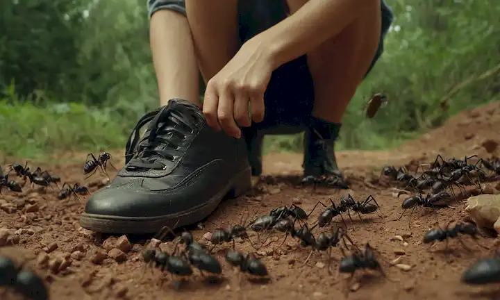 Una persona sosteniendo un zapato en frustración, rodeado de hormigas y caos.