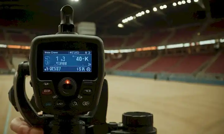 Persona que opera una cámara de temperatura en una arena durante una situación de alerta de calor para revelar una temperatura increíblemente alta. Esto podría interpretarse como un llamamiento metafórico para la acción en respuesta a condiciones ambientales tan graves, posiblemente relacionadas con el cambio climático o el calentamiento global.