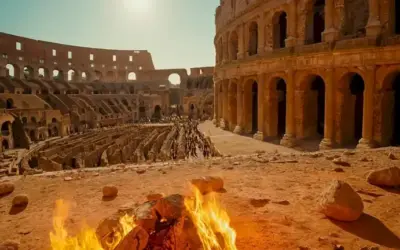 Los faroles ambar que iluminan las antiguas ruinas del Coliseo en Roma. La escena se encuentra en un escenario de dunas de sol caliente y arena roja. Un puntero láser rojo brilla en el termómetro que lee 70°C (158°F). A la distancia