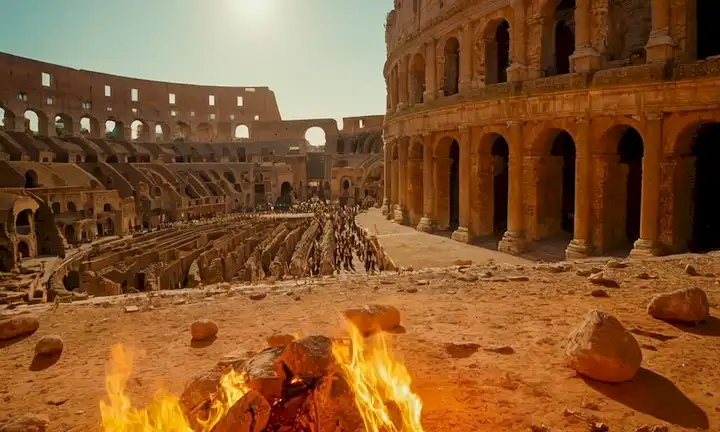 Los faroles ambar que iluminan las antiguas ruinas del Coliseo en Roma. La escena se encuentra en un escenario de dunas de sol caliente y arena roja. Un puntero láser rojo brilla en el termómetro que lee 70°C (158°F). A la distancia