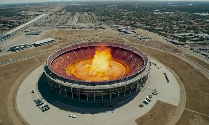 El disparo aéreo muestra la inmensa diferencia de temperatura entre la arena y las zonas circundantes durante una alerta mundial sobre el cambio climático. En foco, las temperaturas calientes se pueden ver aumentando contra entornos más frescos. La cámara afila para capturar los detalles del evento, destacando su impacto en la seguridad pública.
