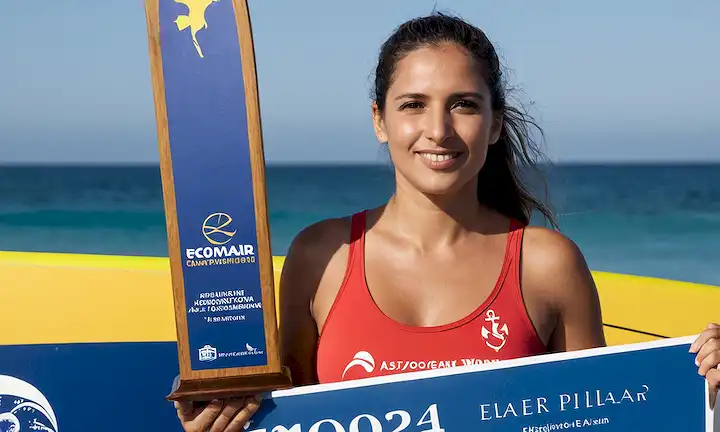 Una persona de pie orgullosamente con su premio mostrado delante de ellos con una pantalla de título que muestra Ecomar y Pilar Lamadrid. La descripción se centra en los logros, ya que los logros son tanto personales (Campeona del Windsurf al referirse a Pilar Lamadrid que ganó este concurso) como profesionales (Embajadora de la Protección Marina reconociendo su papel en una organización de conservación marina, Ecomar).